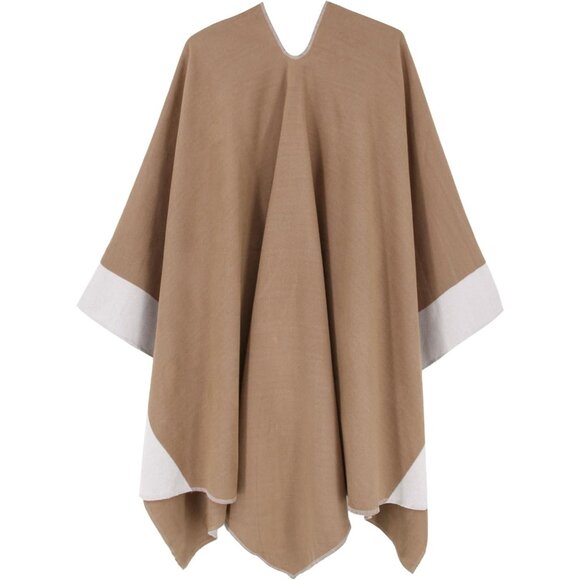 Women Shawl Wrap Poncho Cape Open Front Cardigan Fall Winter Camel Off White - Picture 2 of 6